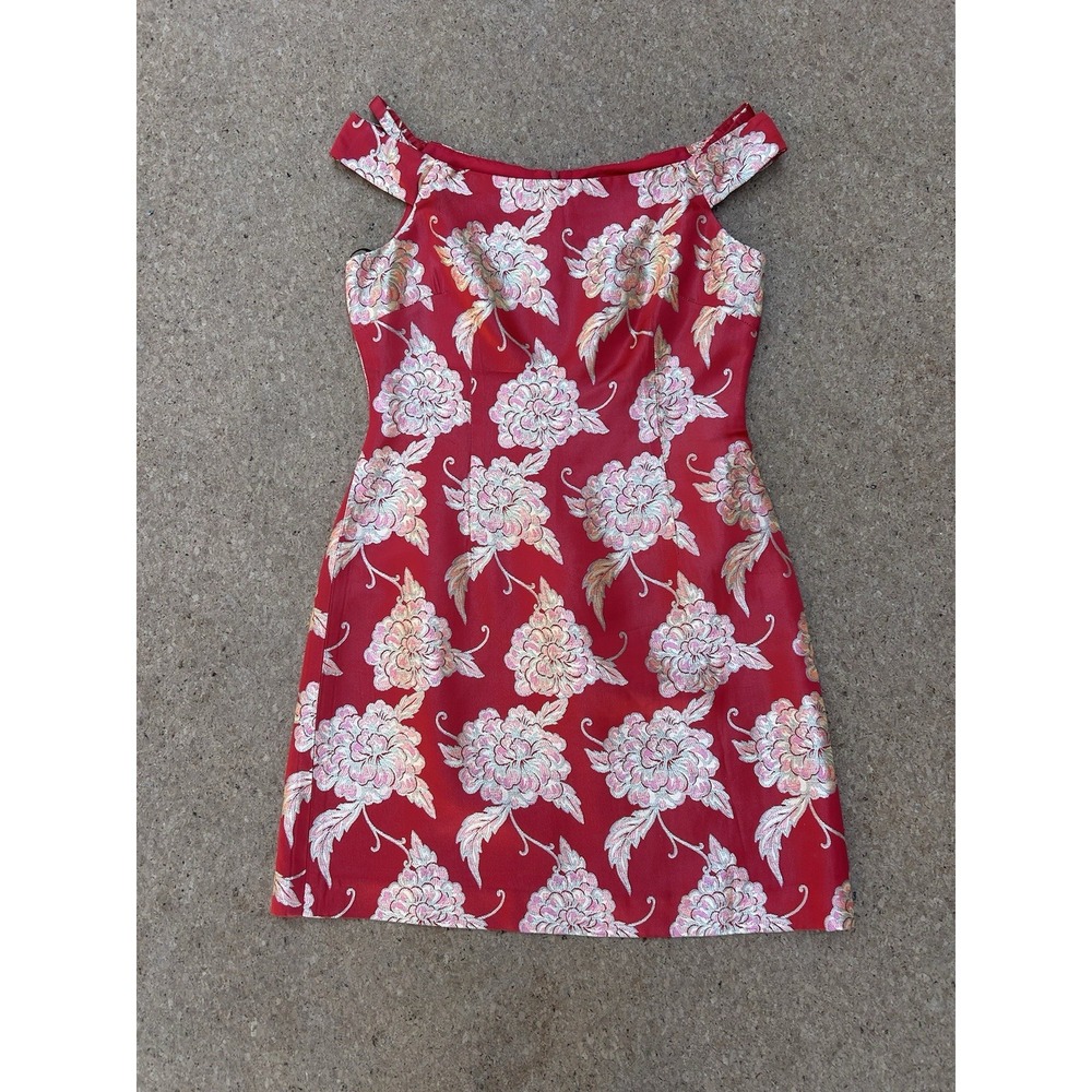 David Meister Silk Red Spring Floral Easter Formal Brocade Cocktail Dress Size 8